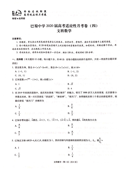 巴蜀中学2020届高考适应性月考(四)文科数学-含答案
