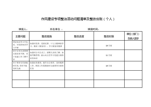 个人作风建设专项整治活动问题清单及整改台账