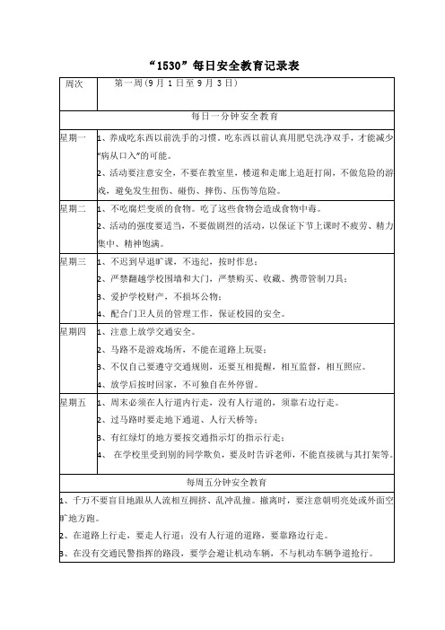 “1530”每日安全教育记录表