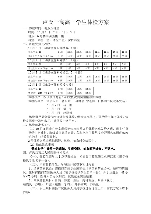 卢氏一高高一学生体检方案