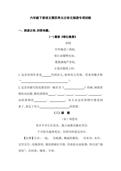 六年级下册语文 第四单元古诗文阅读专项训练(含答案) 人教统编版