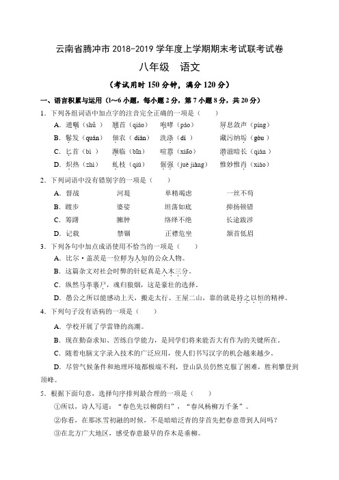 云南省腾冲市十五所学校2018-2019学年八年级上学期期末考试语文试题及答案