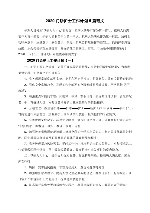 2020门诊护士工作计划5篇范文