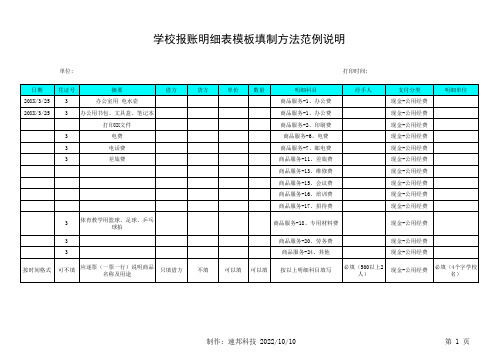 学校报账明细表模板填制方法范例说明