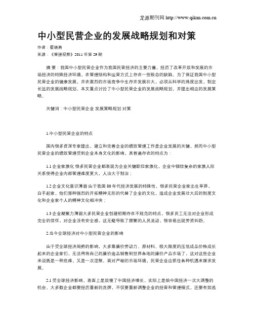 中小型民营企业的发展战略规划和对策