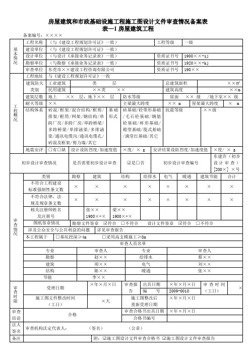 房屋建筑和市政基础设施工程施工图设计文件审查情况备案表