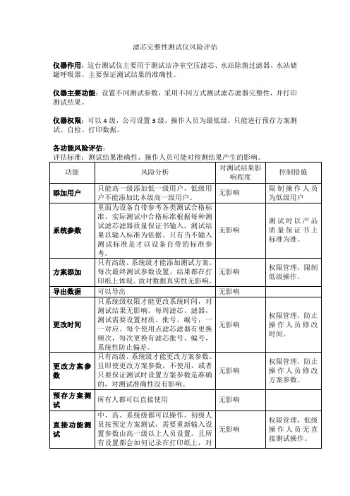 滤芯完整性测试仪风险评估