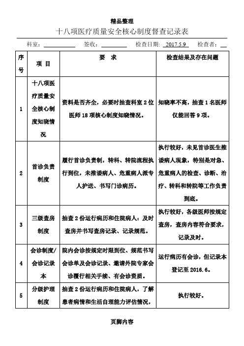 最新十八项医疗质量安全核心制度督查记录表