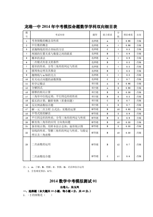 2014中考数学模拟试题检测卷含答案命题明细表答题卡