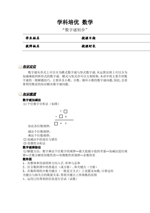 五年级奥数专题 数字谜初步(学生版)