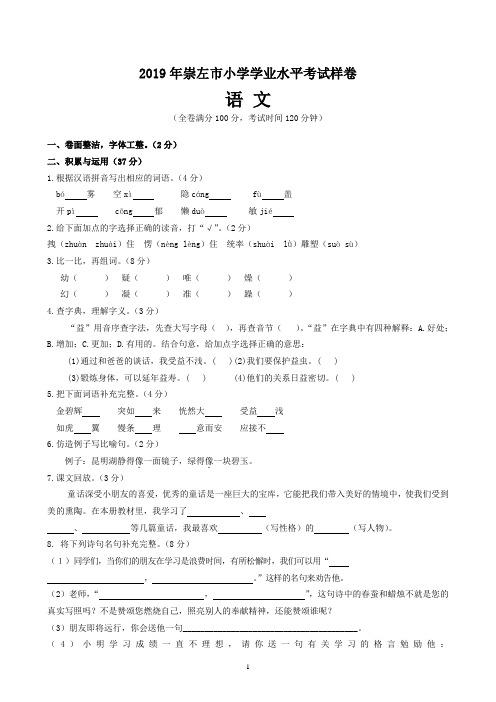 2019年崇左市小学学业水平考试样卷(语文)