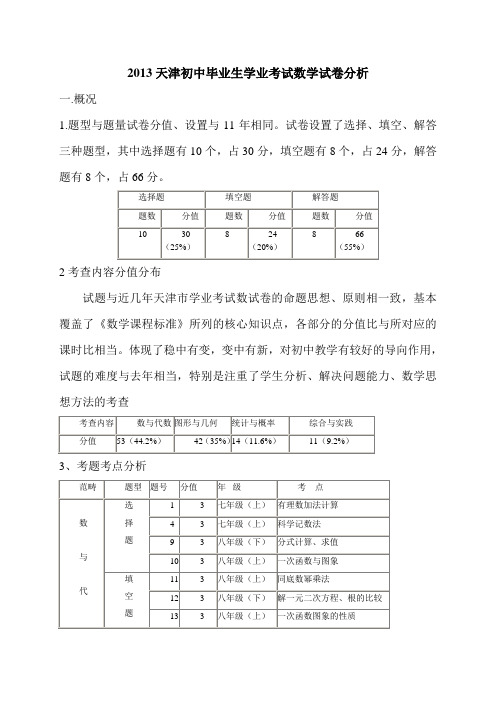 2013天津初中毕业生学业考试数学试卷分析1