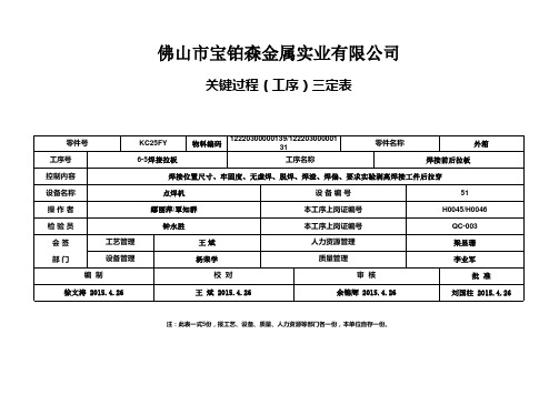 关键工序三定表 