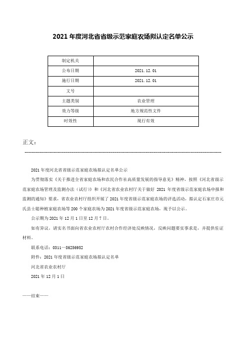 2021年度河北省省级示范家庭农场拟认定名单公示-