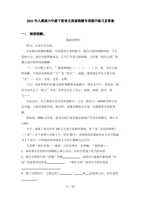 2021年人教版六年级下册语文阅读理解专项提升练习及答案