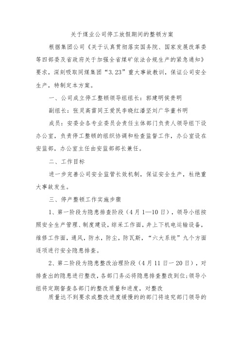 关于煤业公司停工放假期间的整顿方案