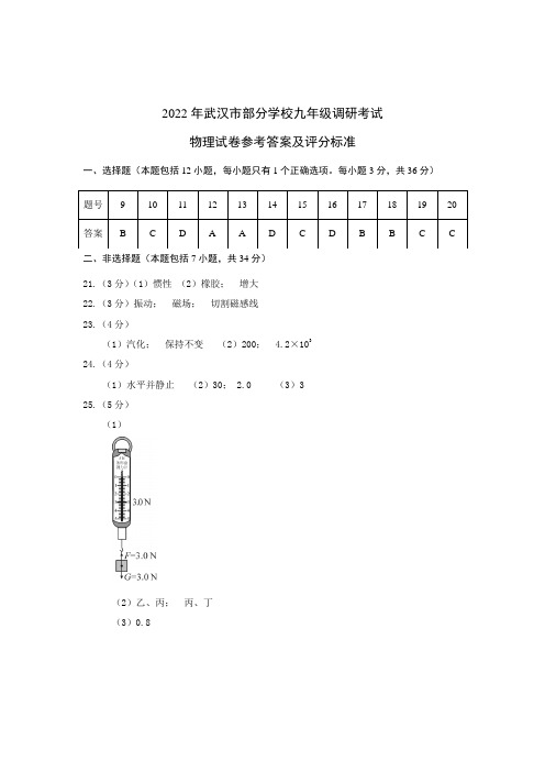 2021-2022学年度武汉市部分学校九年级调研考试物理试卷答案