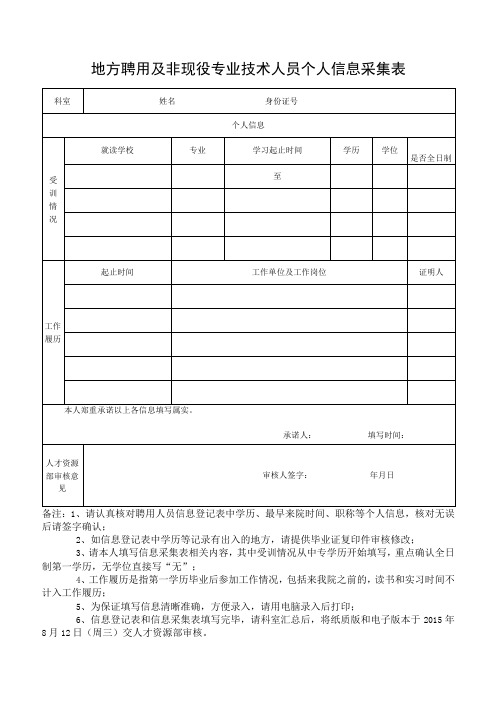 地方聘用及非现役专业技术人员个人信息采集表