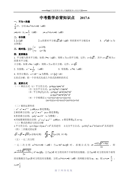 2017年中考数学必背知识点(考前复习)