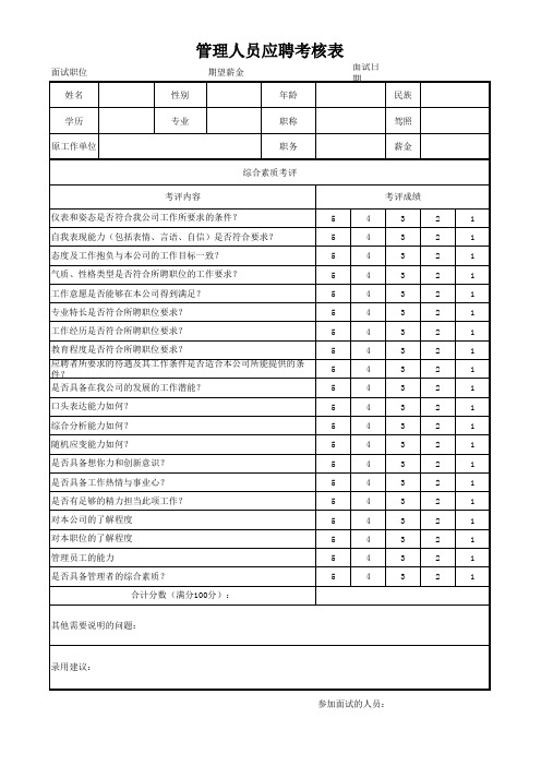 管理人员面试评定表