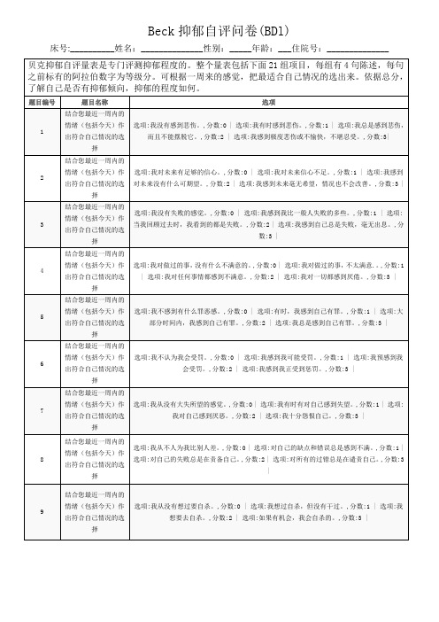 BDl抑郁自评问卷