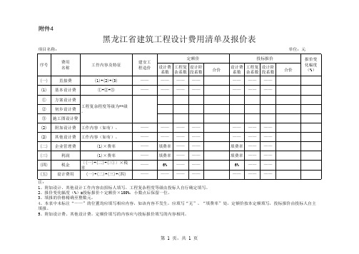 黑龙江省建筑工程设计费用清单及报价表2020