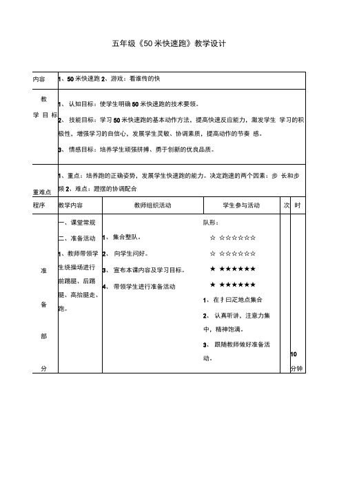 (完整版)五年级50米快速跑教案