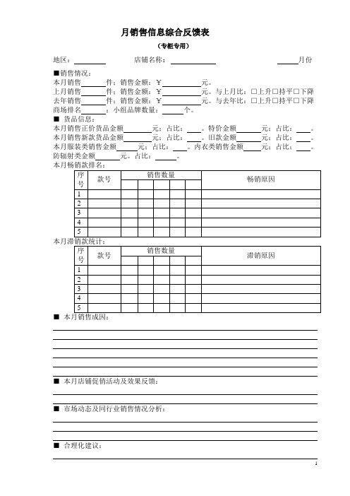 营销部 每月销售信息综合反馈表