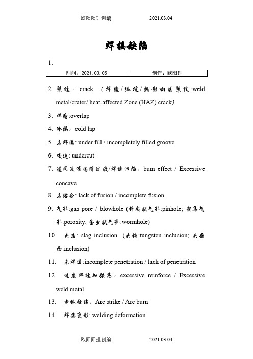 焊接缺陷中英文对照之欧阳理创编