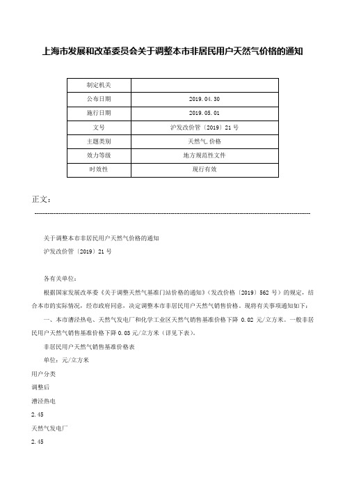 上海市发展和改革委员会关于调整本市非居民用户天然气价格的通知-沪发改价管〔2019〕21号