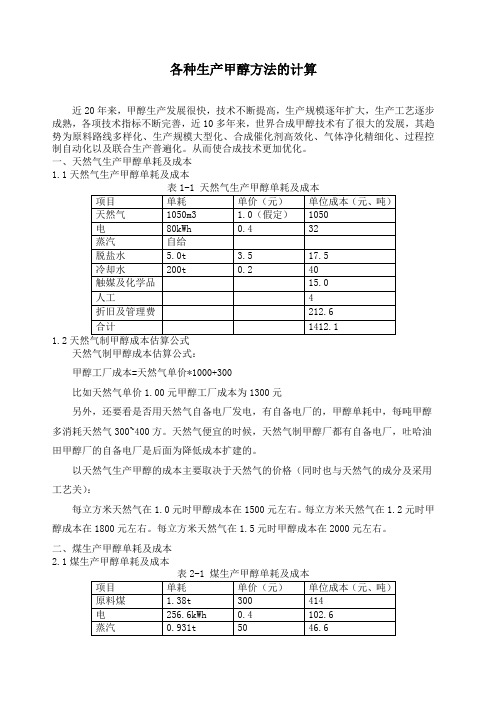 各种生产甲醇方法的计算