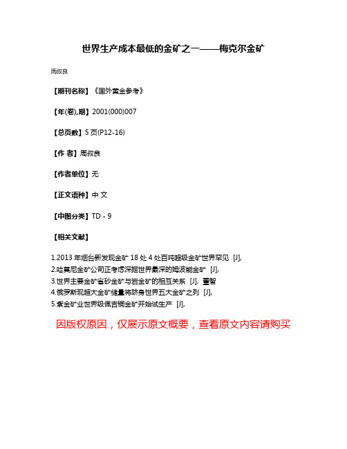 世界生产成本最低的金矿之一——梅克尔金矿