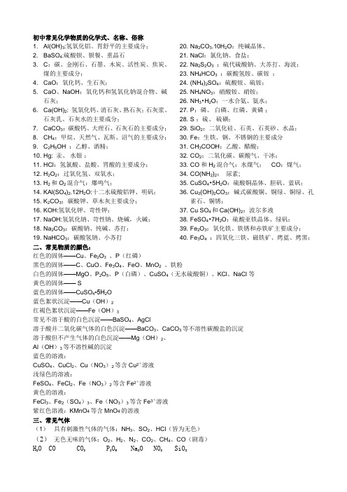 初中化学常见化学物质的化学式、名称和俗称