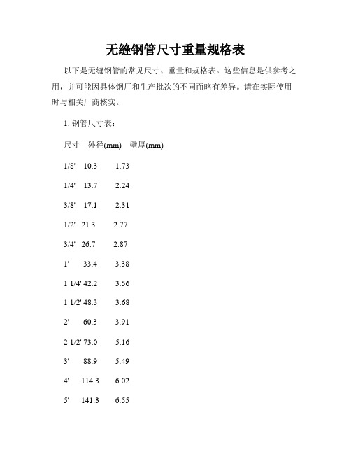 无缝钢管尺寸重量规格表