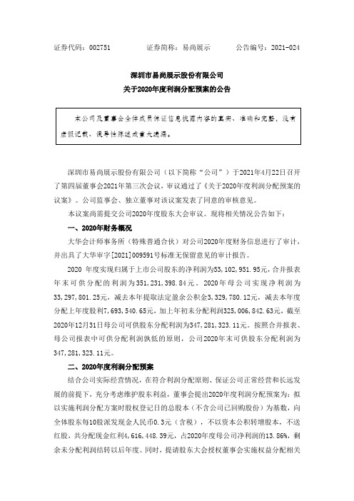 002751易尚展示：关于2020年度利润分配预案的公告