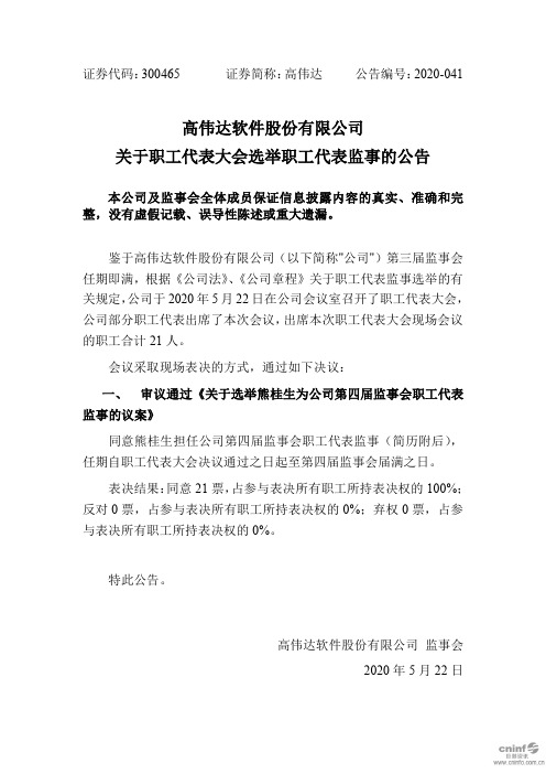 高伟达：关于职工代表大会选举职工代表监事的公告