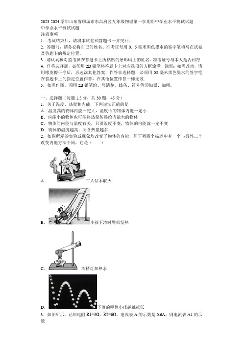 2023-2024学年山东省聊城市东昌府区九年级物理第一学期期中学业水平测试试题含解析