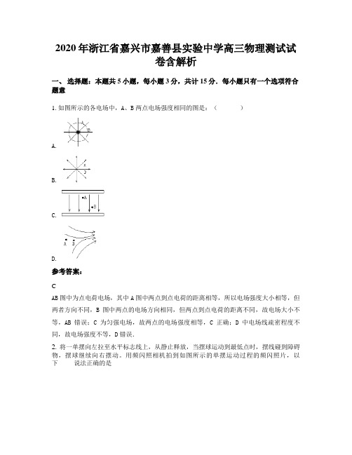 2020年浙江省嘉兴市嘉善县实验中学高三物理测试试卷含解析