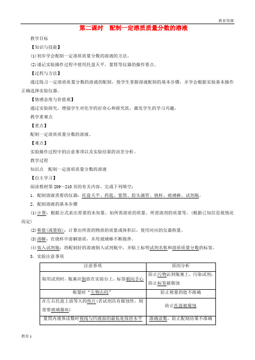 (最新)2019届九年级化学下册 第七章 溶液 7.3 溶液浓稀的表示 第2课时 配制一定溶质质量分数的溶液教案