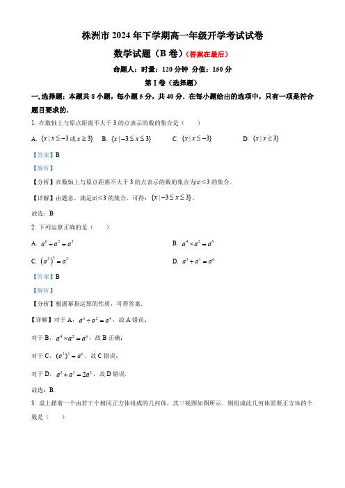 湖南省株洲市2024-2025学年高一上学期开学考试数学试题(B卷)含答案