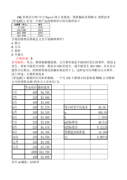 CMA管理会计师-中文Part1-第2章规划、预算编制及预测-2.预算技术