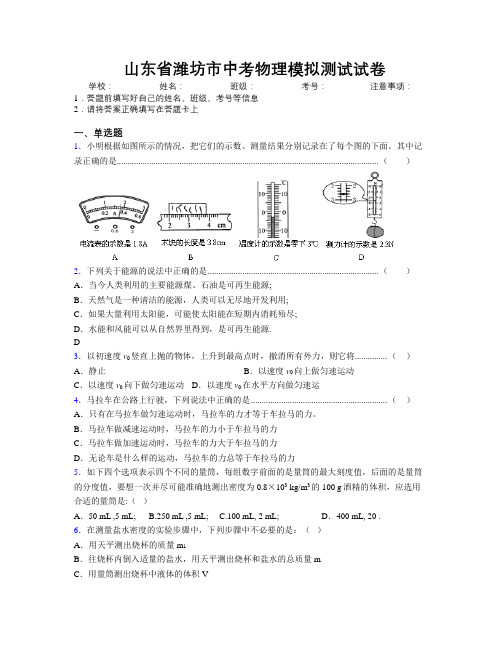 最新山东省潍坊市中考物理模拟测试试卷及解析