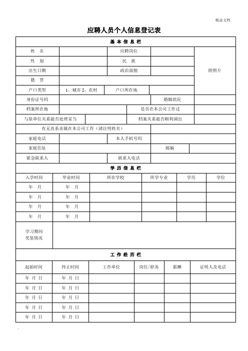 应聘人员个人信息登记表