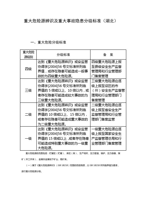 重大危险源辨识及重大事故隐患分级标准湖北