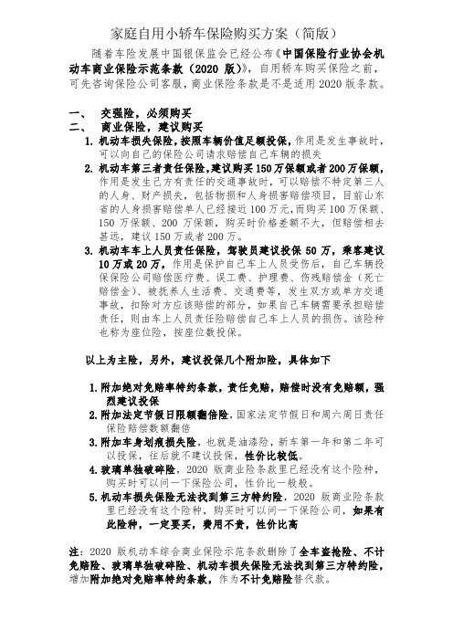 家庭自用轿车保险购买方案(简版),北方为例