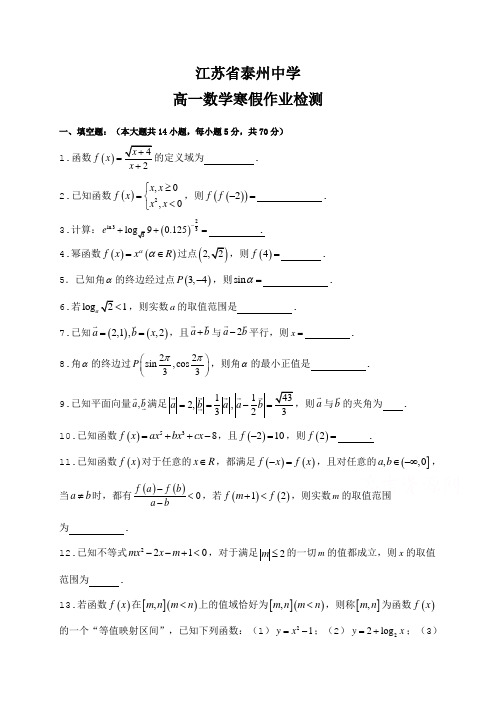 江苏省泰州中学高一下学期寒假作业检测数学试题 