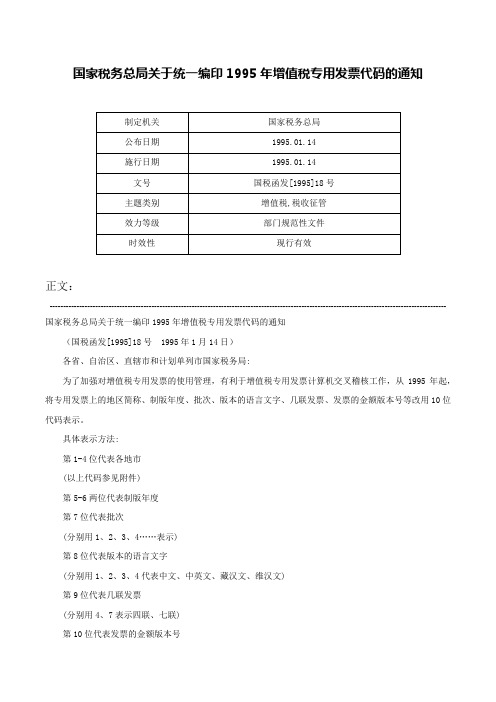 国家税务总局关于统一编印1995年增值税专用发票代码的通知-国税函发[1995]18号