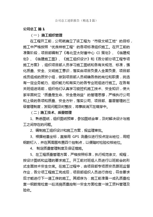 公司总工述职报告（精选3篇）