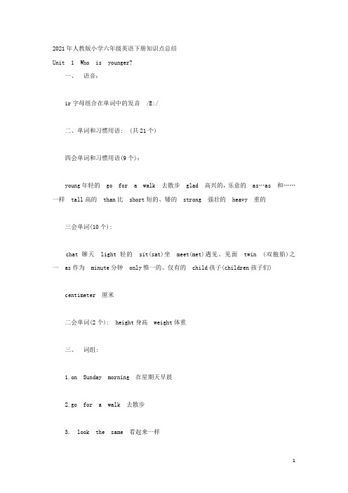 2021年人教版小学六年级英语下册知识点总结