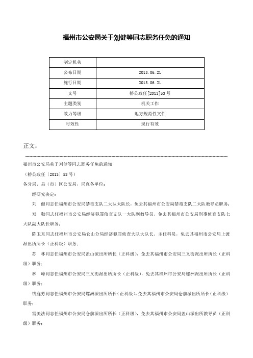 福州市公安局关于刘健等同志职务任免的通知-榕公政任[2013]53号